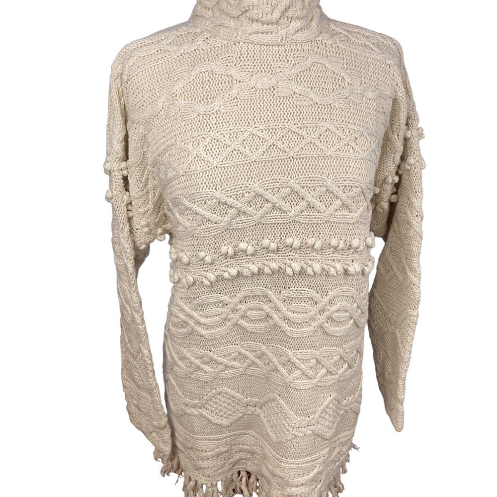 Style New York Hand Cable Knit Sweater Dress Fisherman Fringe Coastal Luxe-M - Picture 7 of 10